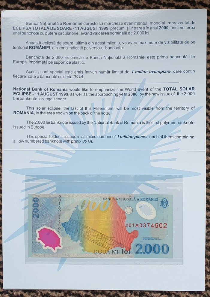 Series 001A 2000 Lei Banknote Romania UNC Mint Condition