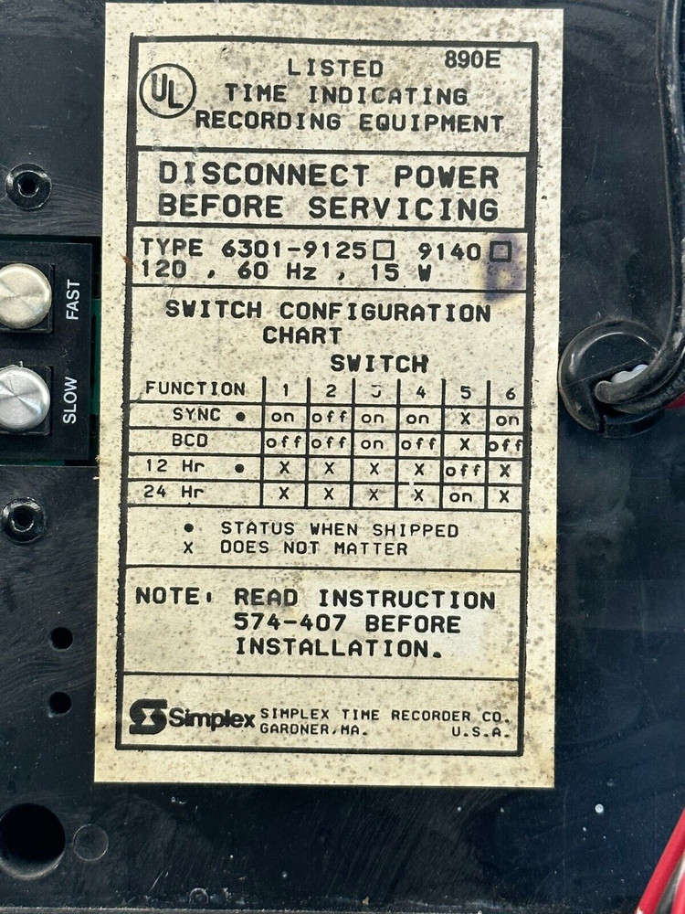 SIMPLEX TIME INDICATING RECORDING EQUIPMENT TYPE 6301-9125