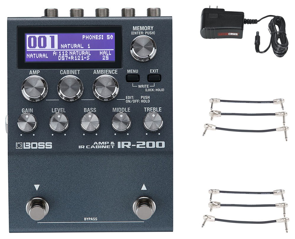 Boss IR-200 Amp/Cabinet Processor + Gator 9V Power Combo & 3 Patch Cables