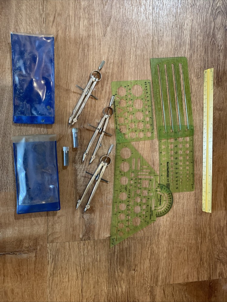 Vintage Drafting Tools - Templates, Compasses, Triangle Scale Ruler