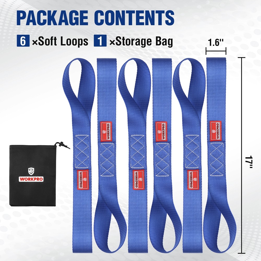 WORKPRO 6x Heavy Duty Soft Loop Tie Down Straps 1.6"x17" 5000lbs Break Strength