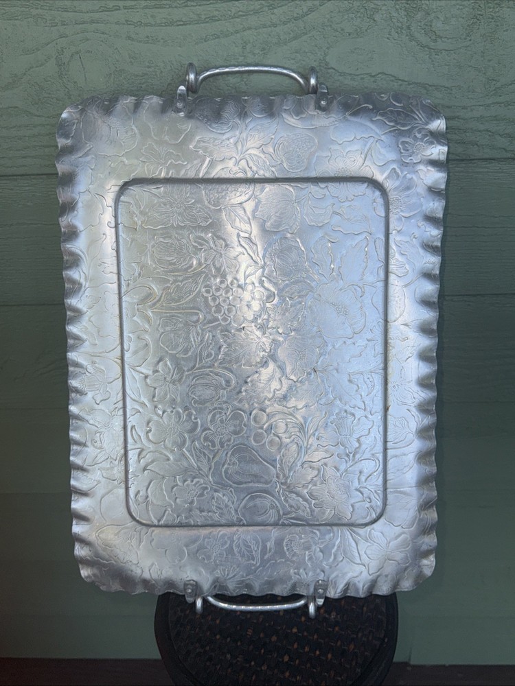 Vintage Silver Metal Serving Tray -floral Pattern