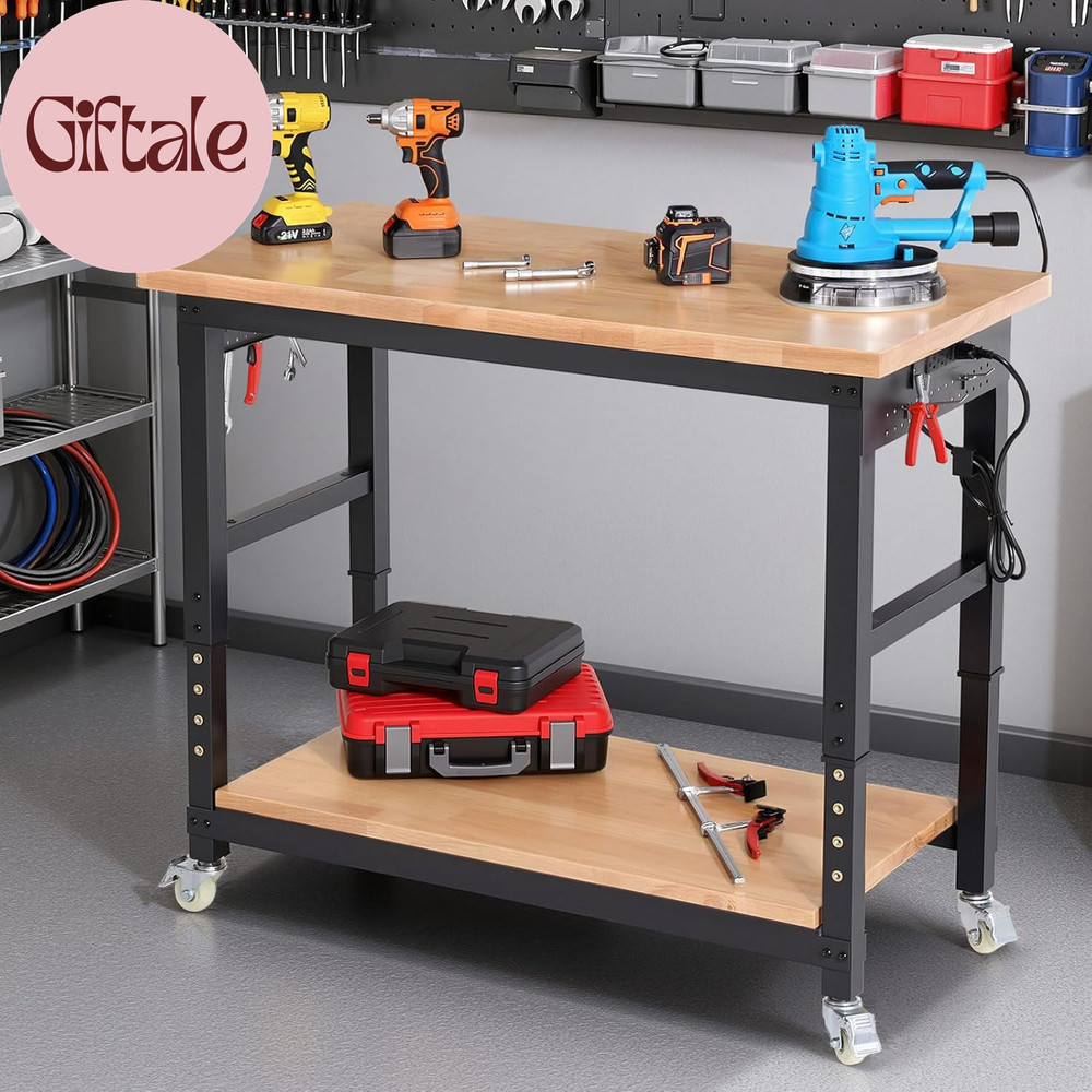 Workbench with Wheels 48 Inch Adjustable Height Work Table with under Table Shel