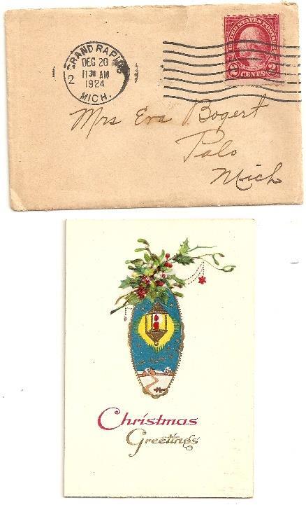US Stamp 2c Washington on Envelope w/Xmas Card; Cancelled 1924