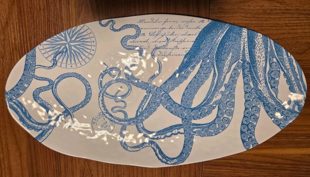 Nautical Octopus Serving Platter Blue White Oval Plastic Tray Coastal Beach Deco