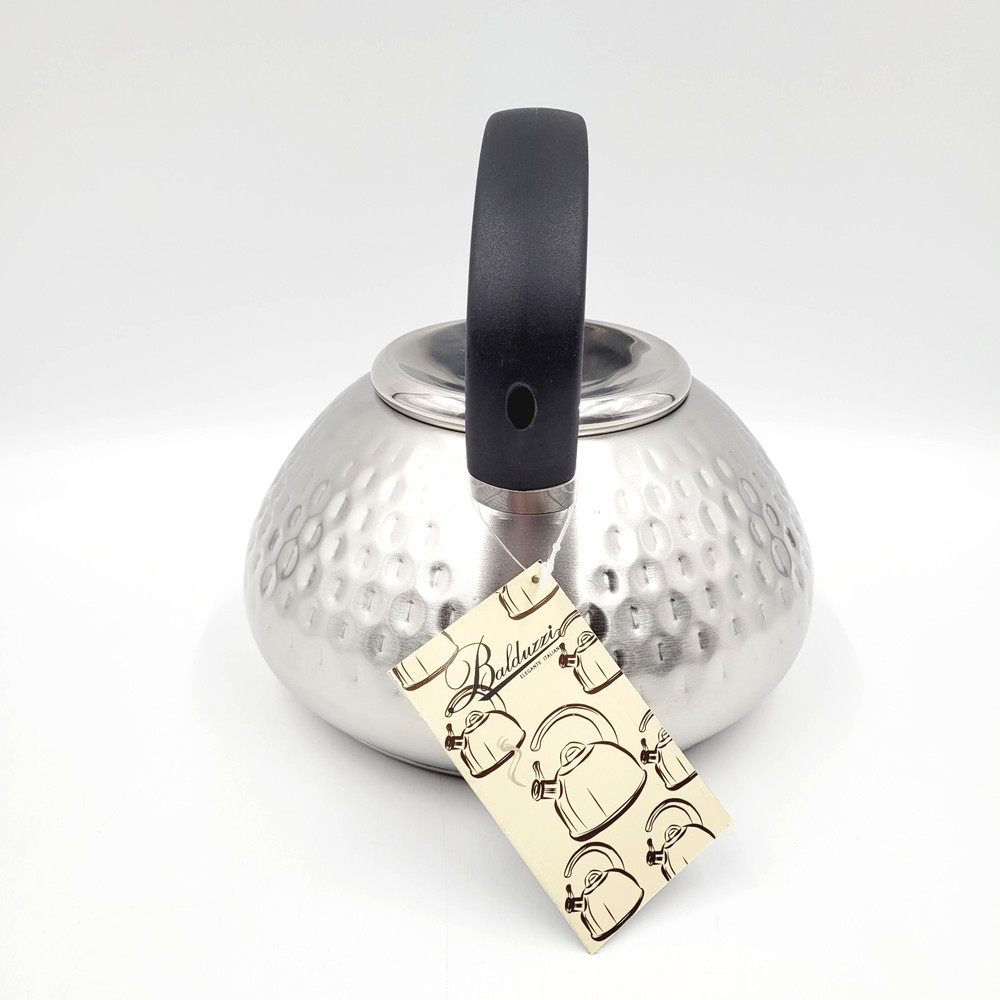 Balduzzi Hammered Stainless Steel Silver Tea Kettle Black Faux Soft Touch Handle