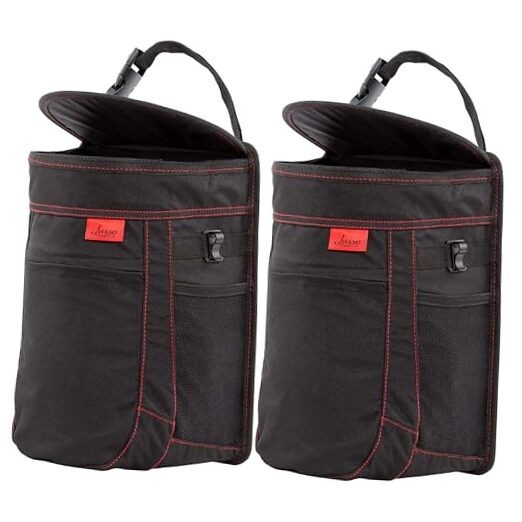 Spill-Proof Car Trash Can (2 Pack) - Easy 2-Pack Black, Red Stitching 2.5 Gal