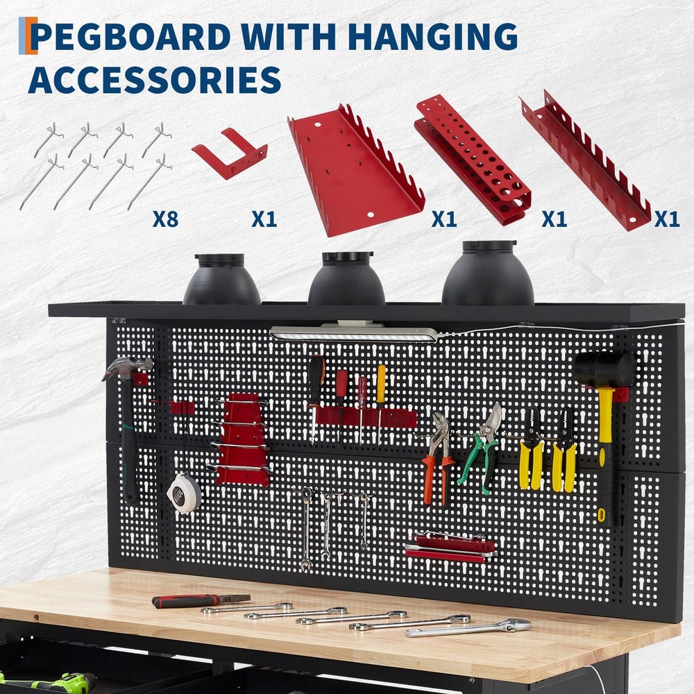 ✨60" Adjustable Heavy Duty Workbench 2000 LBS Work Table with 2 Drawers LED Ligh