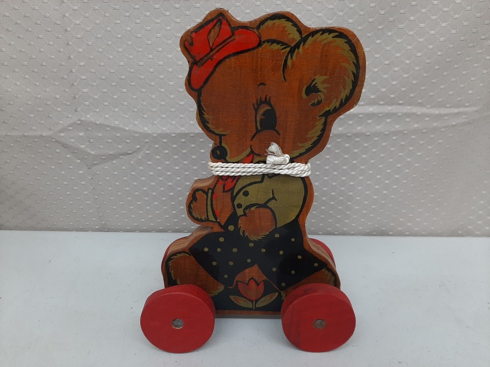 Vintage 1940s Wood Papa Bear 9" Pull Toy