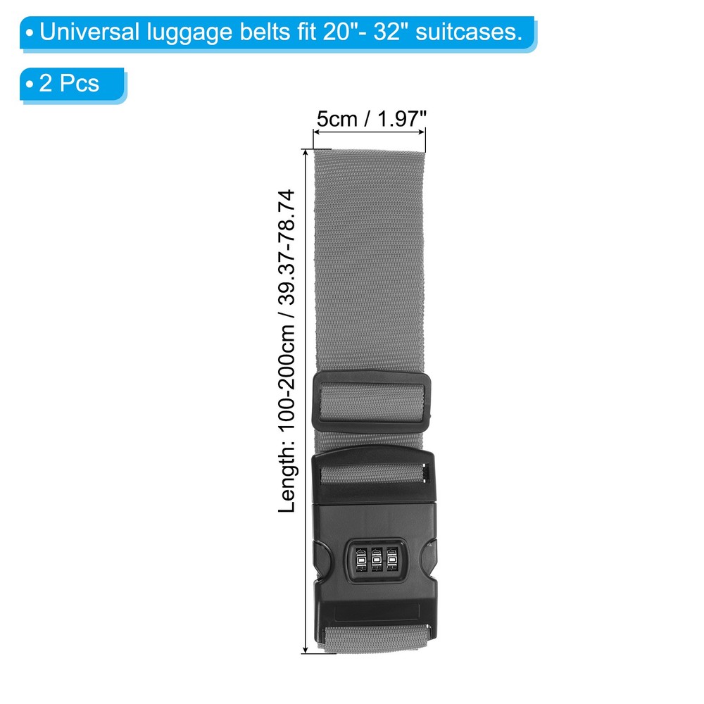 2Pcs Luggage Straps with Combination Lock TSA Approved Gray