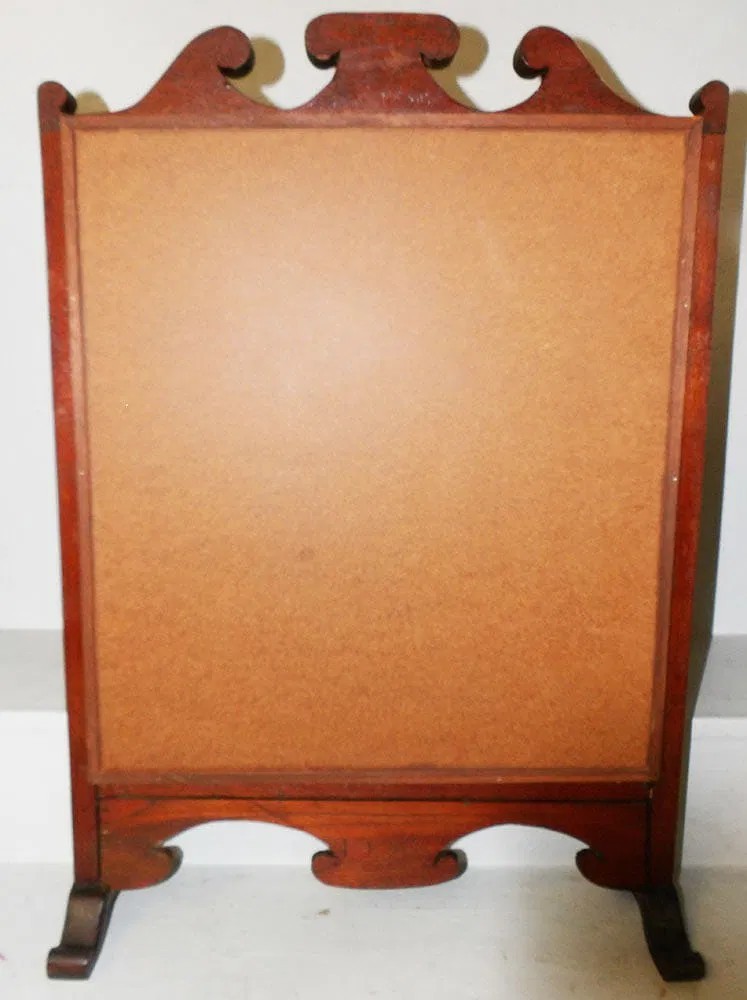 Antique Walnut Fire Screen With Bird Motif Embroidery