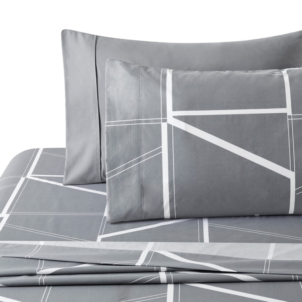 Printed Rayon from Bamboo Deep Pocket 4 Pieces Sheet Set, Grey Geometric Twin
