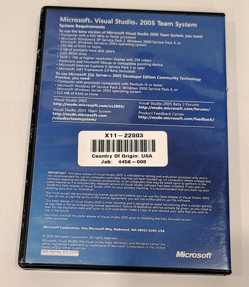 Microsoft Visual Studio 2005 Team Suite Beta 2 (3 CD’s)