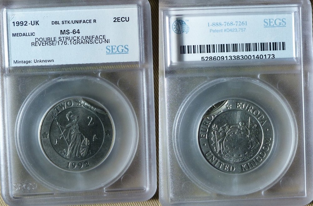 Error:Europa Pattern 1992 UK 2 Ecu Double Struck / Uniface Reverse MS64 CT210