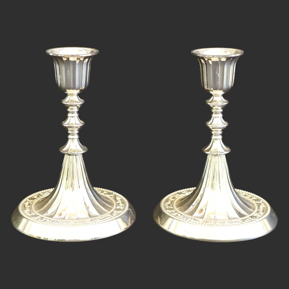 Silver Plated Candlesticks Pair Ornate Beaded Base Made in England 6.5”