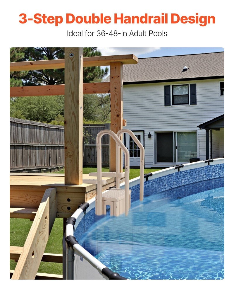 Ergonomic Grip 3-Step Pool Stairs 400lb Cap 36-48in Entry Exit Taupe