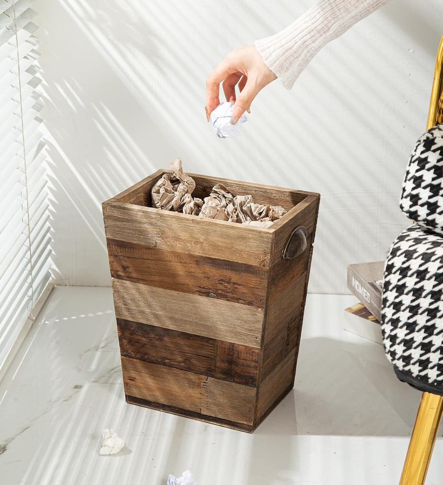 Small Wood Trash Can, Farmhouse Rectangular Garbage Can Waste Basket, Rustic Dis