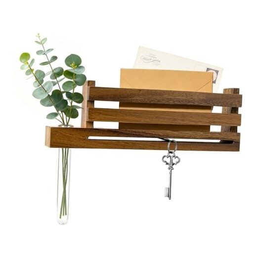 Solid Wall Mounted Key Holder with Acrylic Vase & Mail Organizer, Walnut