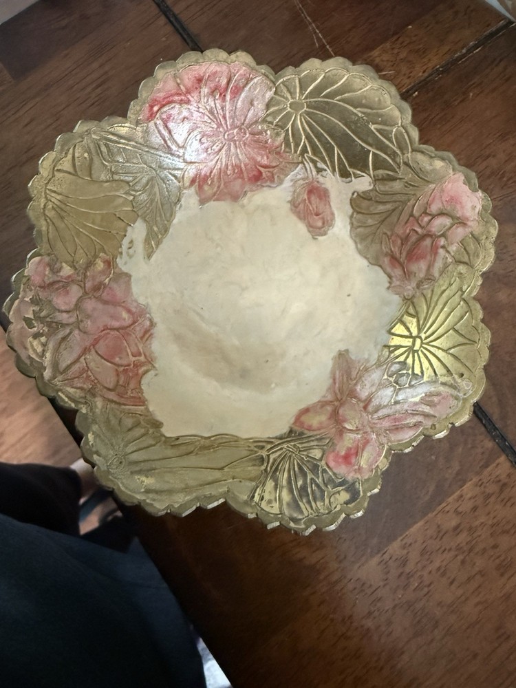 Handcrafted Brass/Ceramic Floral Bowl Footed Decorative Dish, Boho Rustic Decor