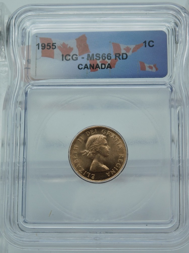 1955 GRADED RED CANADA SMALL CENT ~ ICG MS66 RD (BT1112)