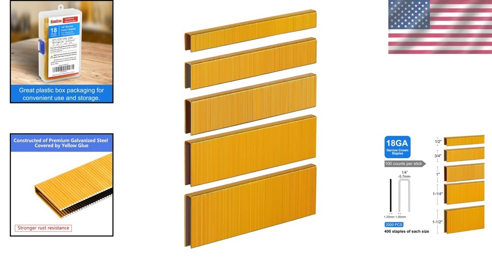 18 Gauge Narrow Crown Staples Assorted Sizes - Rust Resistant 2000 Pcs