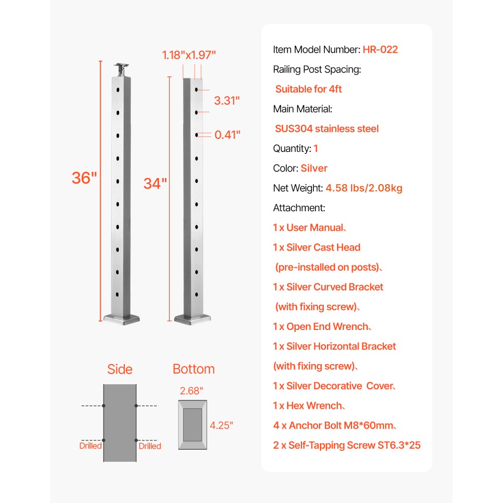Cable Railing Post, Stainless Steel Deck Handrail w/ Mounting Bracket