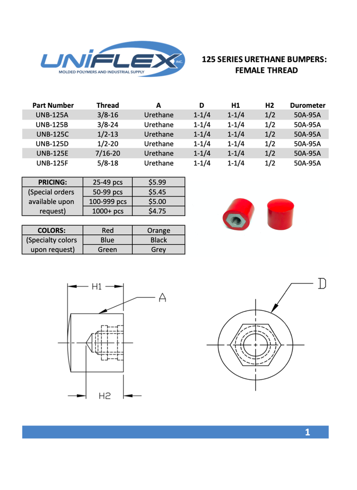 Urethane / Polyurethane Bumpers Female Thread 1.25" DIA - 3/8-16 Thread 90A