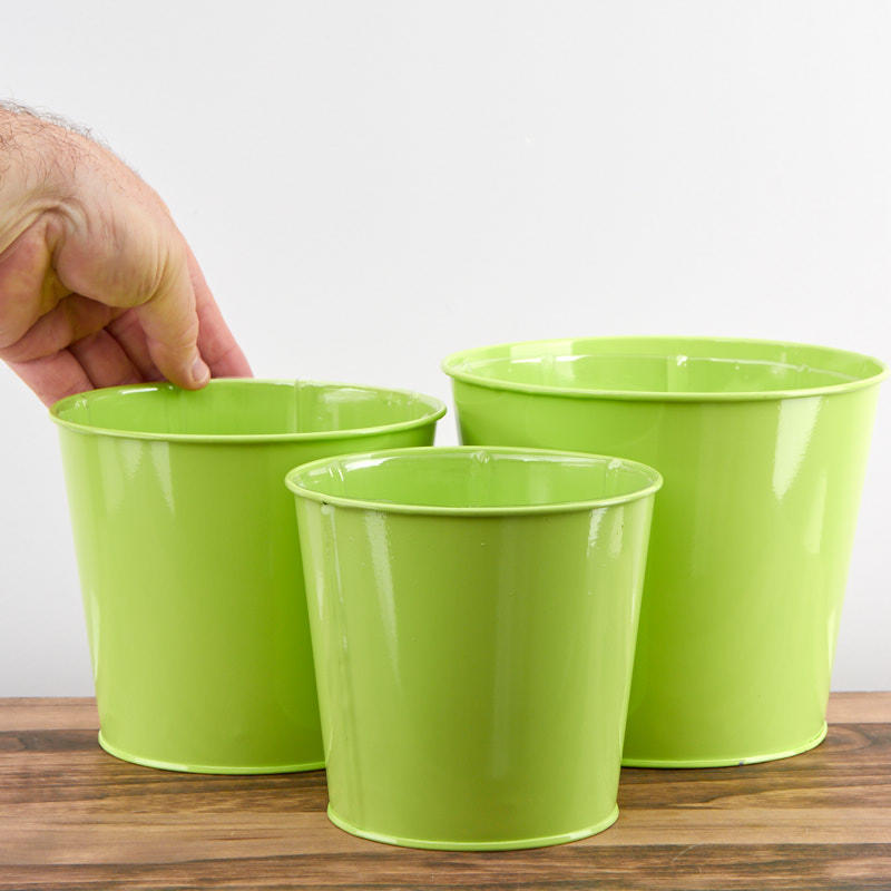 Set of 3 Solid Spring Green Color Round Metal Planters with Plastic Liners