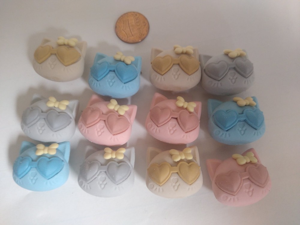 12 Multicolored kitty erasers for kids Cat