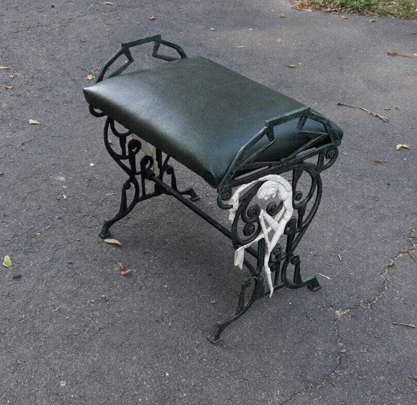Art Deco Cast Iron And Leather Bench Stool
