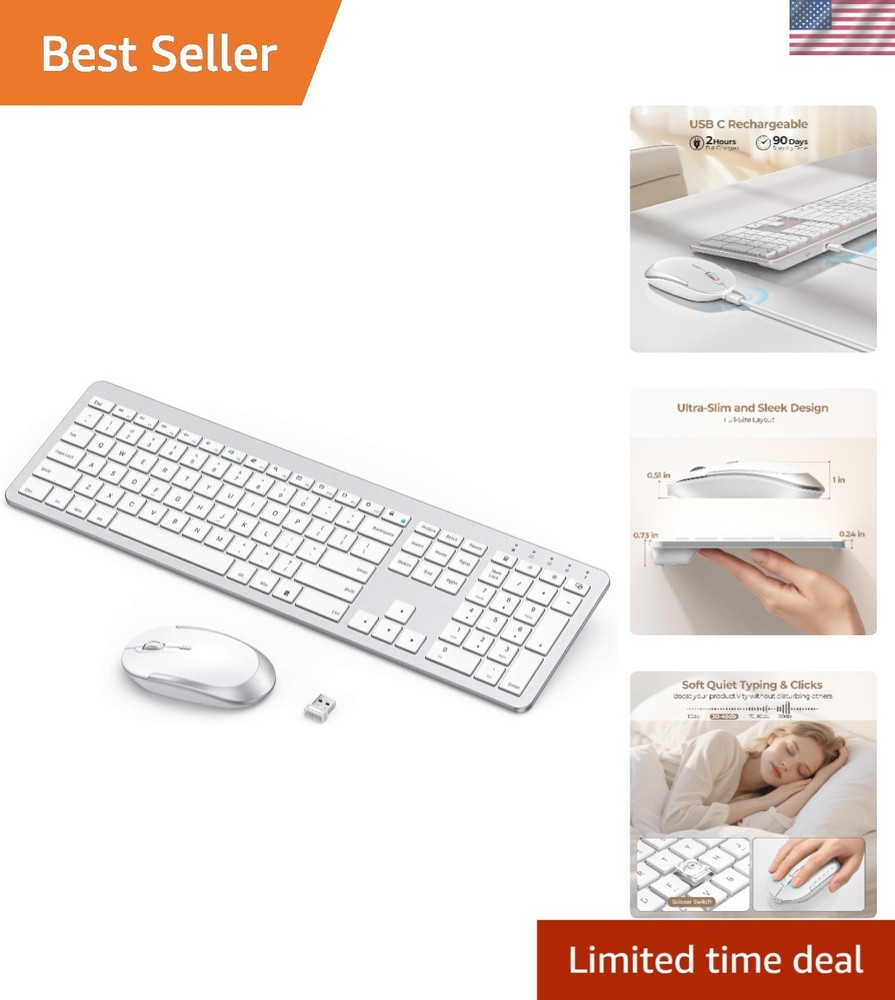 Rechargeable Full-Size Wireless Keyboard and Mouse - Modern Silver & White Combo
