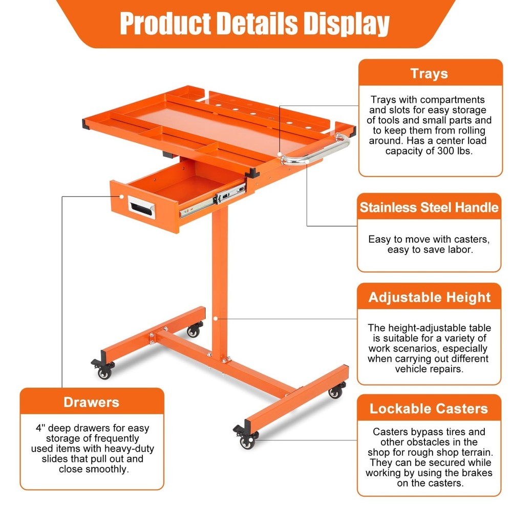 Rolling Work Table Adjustable Height Mobile Workbench w/ Wheels 220LBS Orange