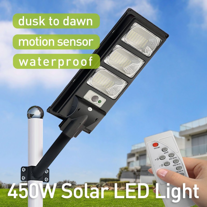 450W LED Solar Steert Light Motion Sensor Frontyard Security with Remote & Pole