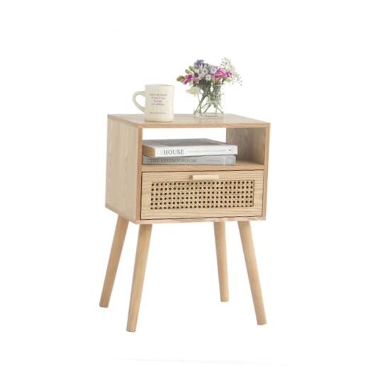 Modern Nightstand Rattan Side End Table with Storage, for Top-natural Walnut