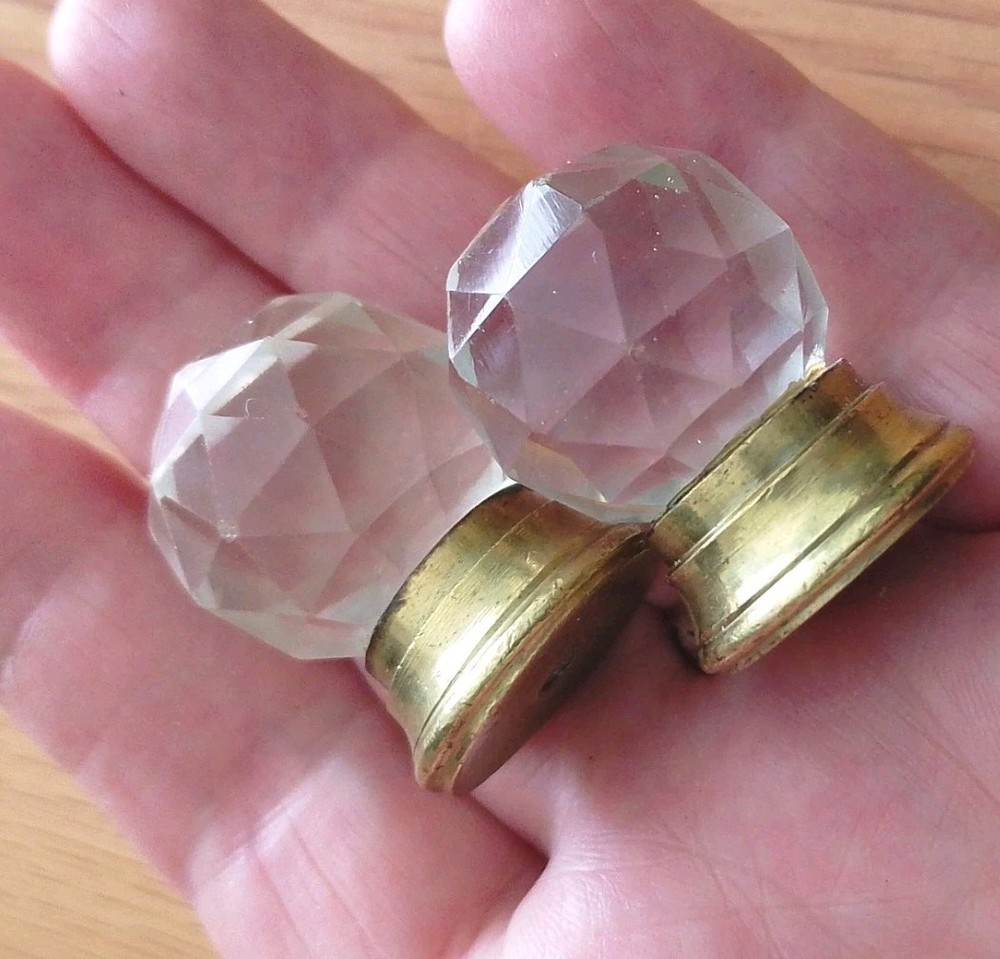 Vintage Pair Very Small Old Round Faceted Glass Pull Knobs Brass Base