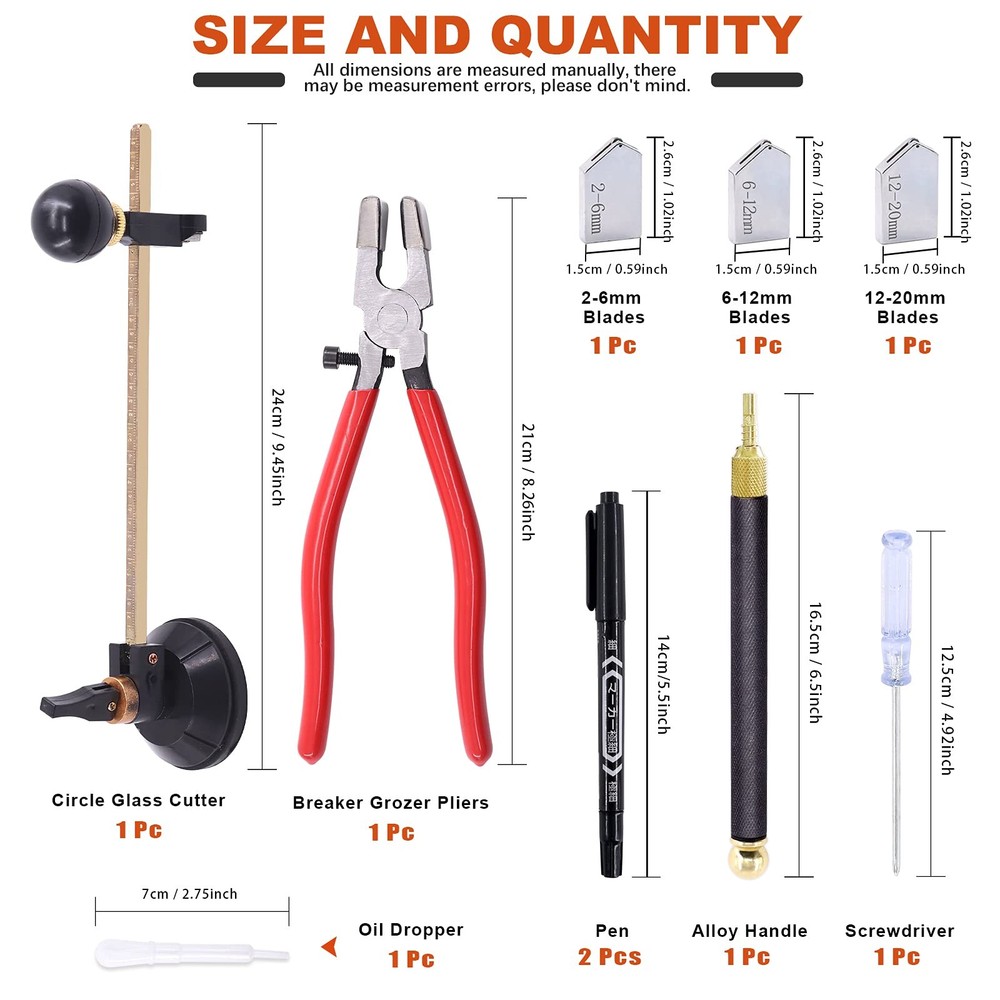 5-Pcs Adjustable Glass Cutter Kit - Includes Suction Cup & Running Plier Round