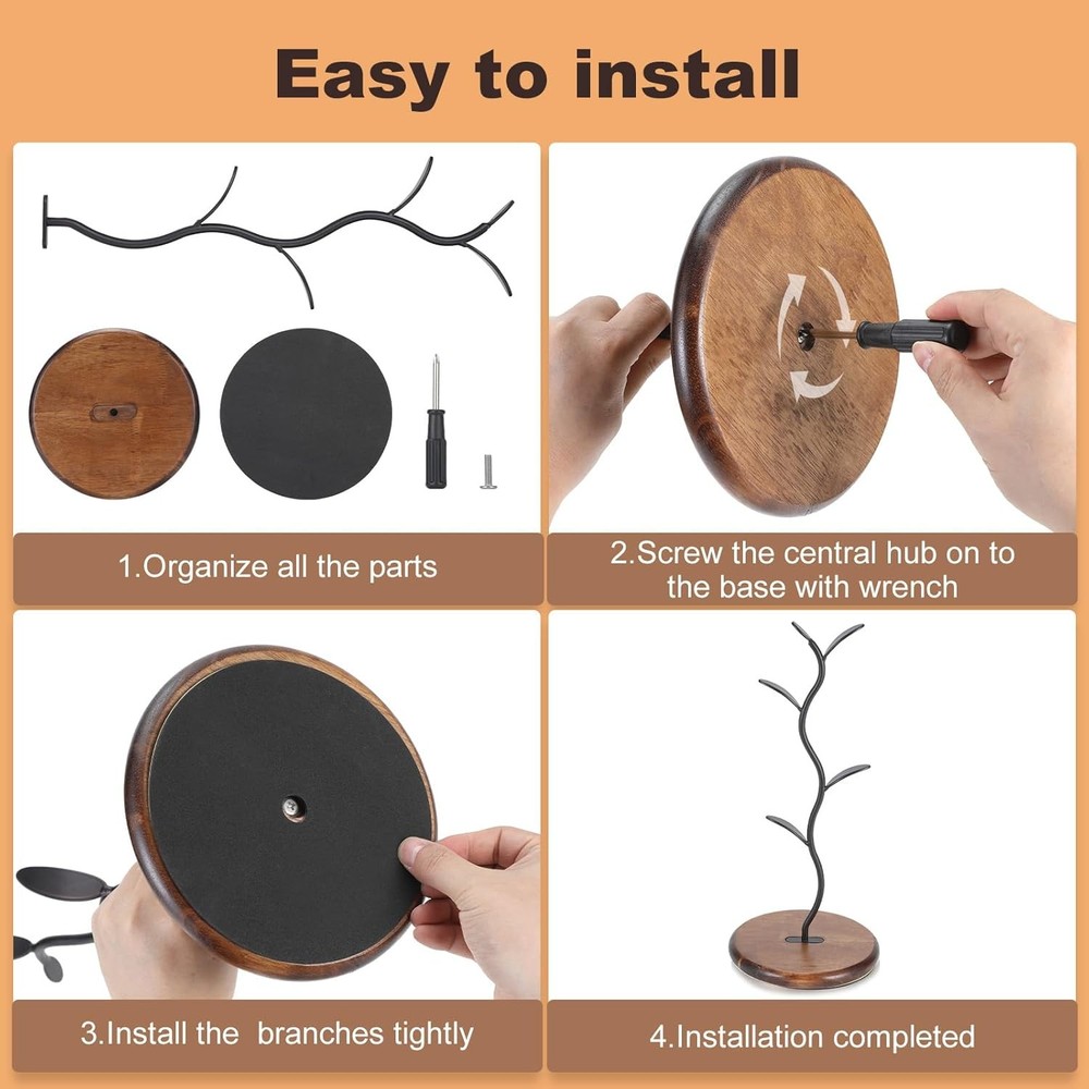 Mug Tree Holder Bronze Metal Leaf Branch & Solid Wood Base Mug Holders