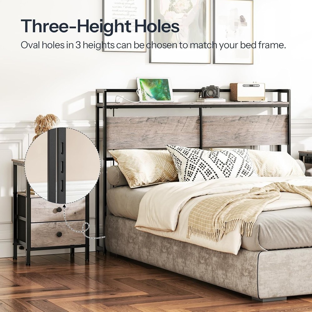 Adjustable Full Size Headboard with Shelving, USB Ports & Elegant Greige Design