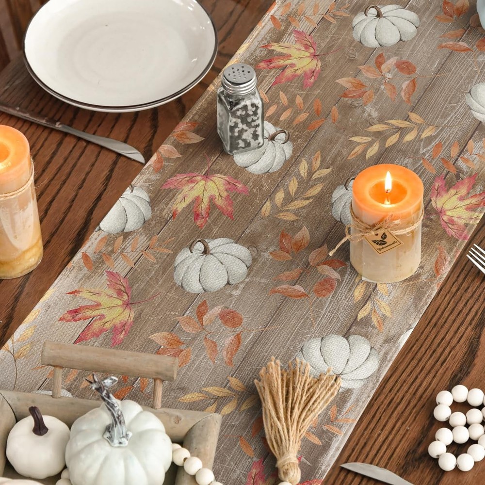 Fall Decorations White Pumpkins Maple Leaves Brown Table Runner Gift 13"x72"