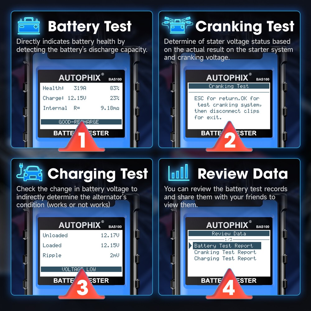AUTOPHIX 12/24V Battery Tester BAS100 Car Charging Cranking System Analyzer Tool