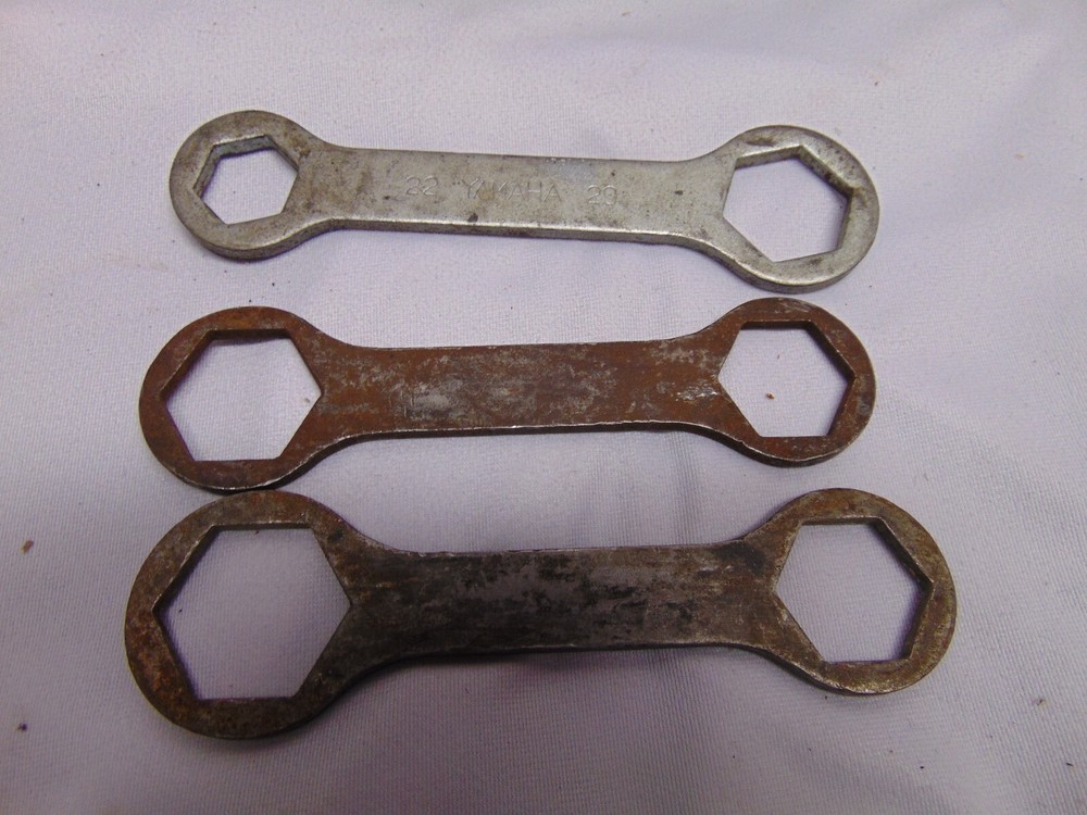 (3)  Vintage Fork Nut double ended wrenches 6 1/2" long fits  1 1/4" trumph