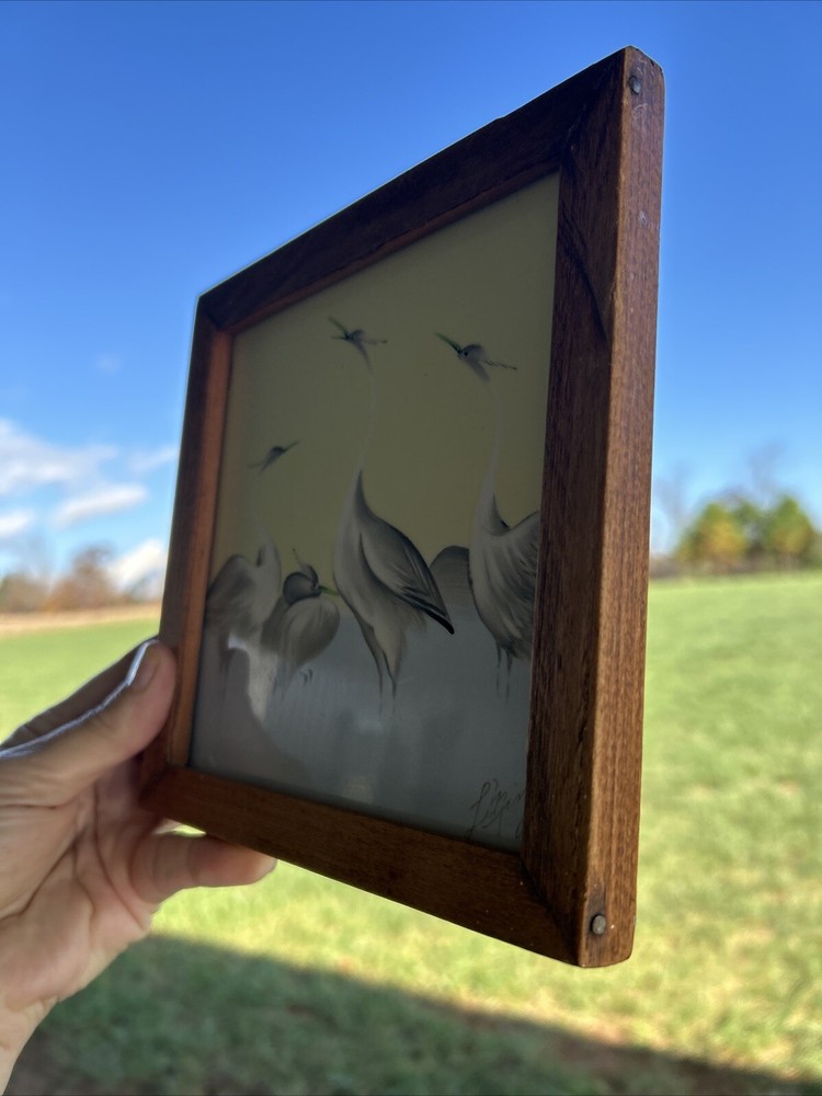 Vintage Art Tile Framed Signed Hand-Painted Cranes