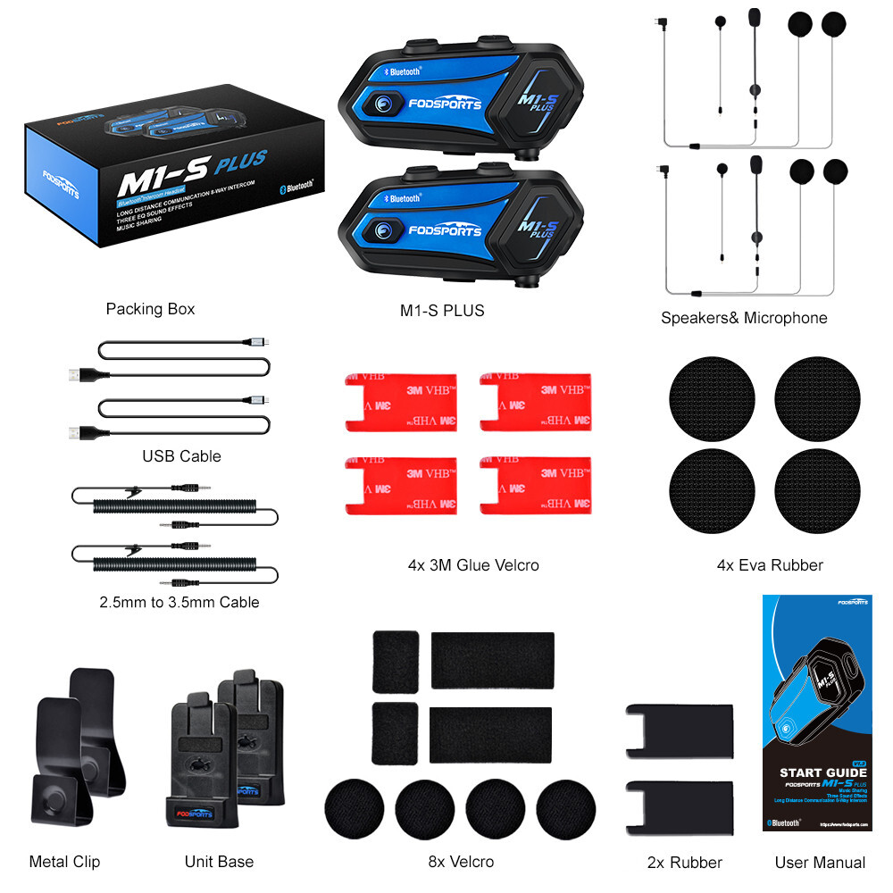2x M1-S Plus 2000M Motorcycle Helmet Intercom BT Headset 10 Riders Communication