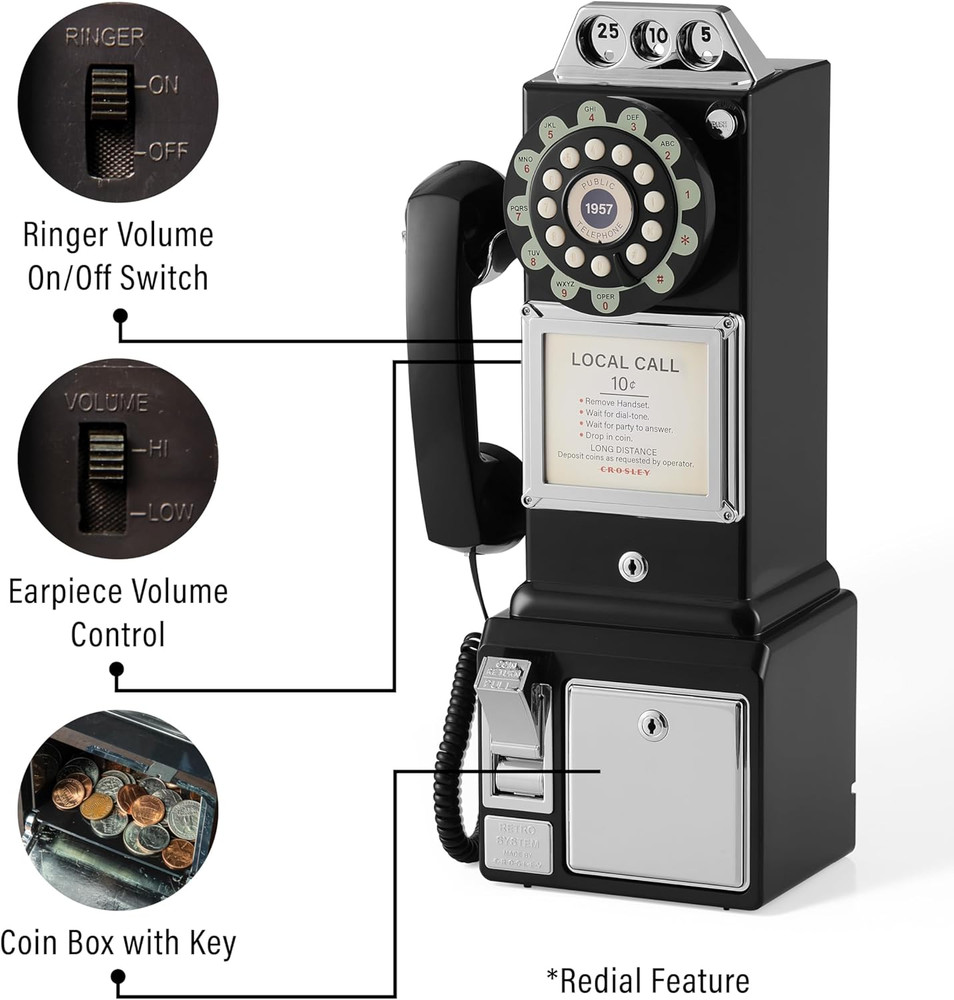 CR56-BK 1950'S Payphone with Push Button Technology, Black