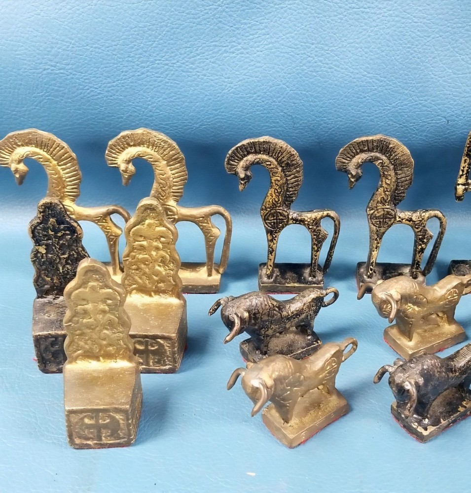 Unique VTG Solid Brass Chess Set Brutalist Spanish Design Bulls Incomplete