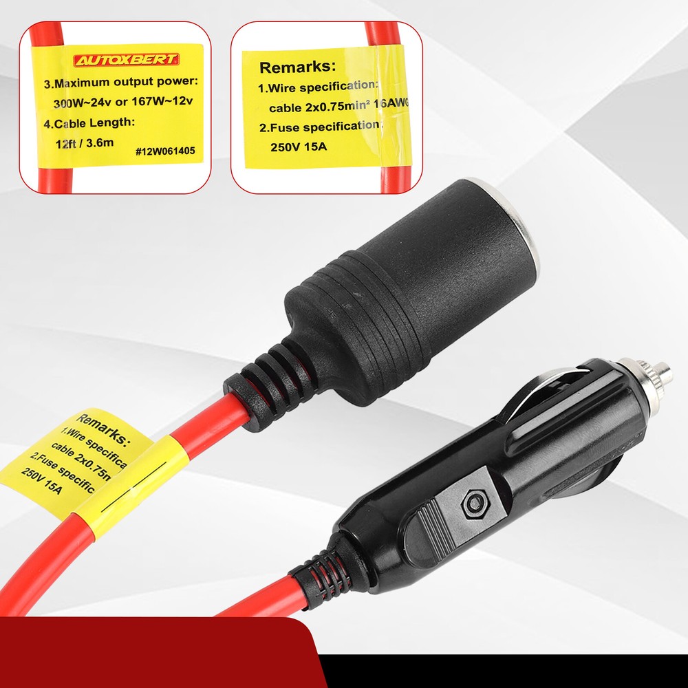 12ft Cigarette Lighter Extension Cord Cable DC Power Heavy Duty Socket Plug 12V