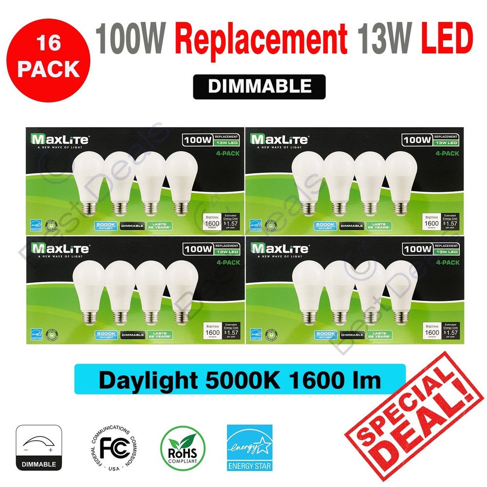 Maxlite Dimmable LED 13W Daylight Light Bulb A19 100W replacement 5000k- 16 PACK