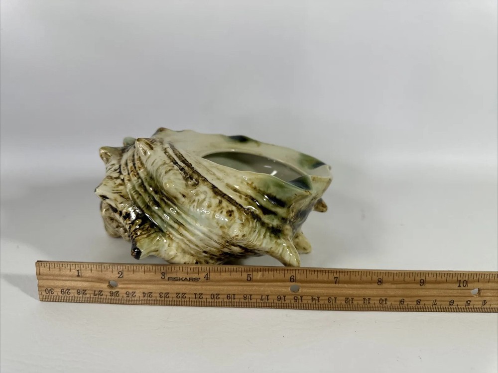 vintage Green & Brown Ceramic Glaze sea shell planter