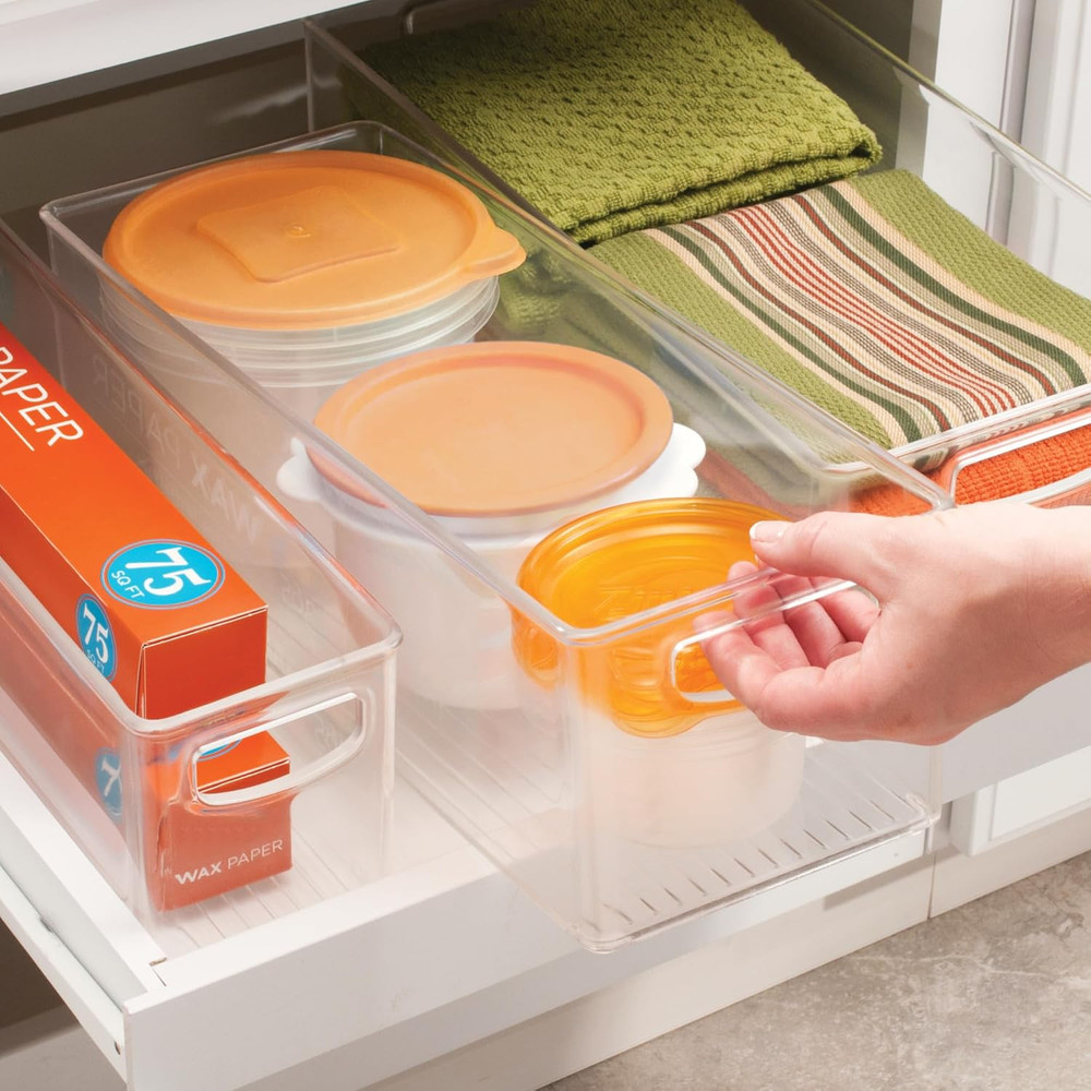 Plastic Stackable Pantry Bin with Handles for Cabinets or Fridge, Clear, Made in