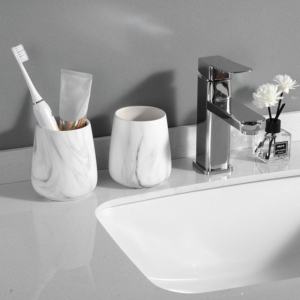 Marble White Toothbrush Holder for Bathroom - Ceramic Tooth Brushing Holders,...